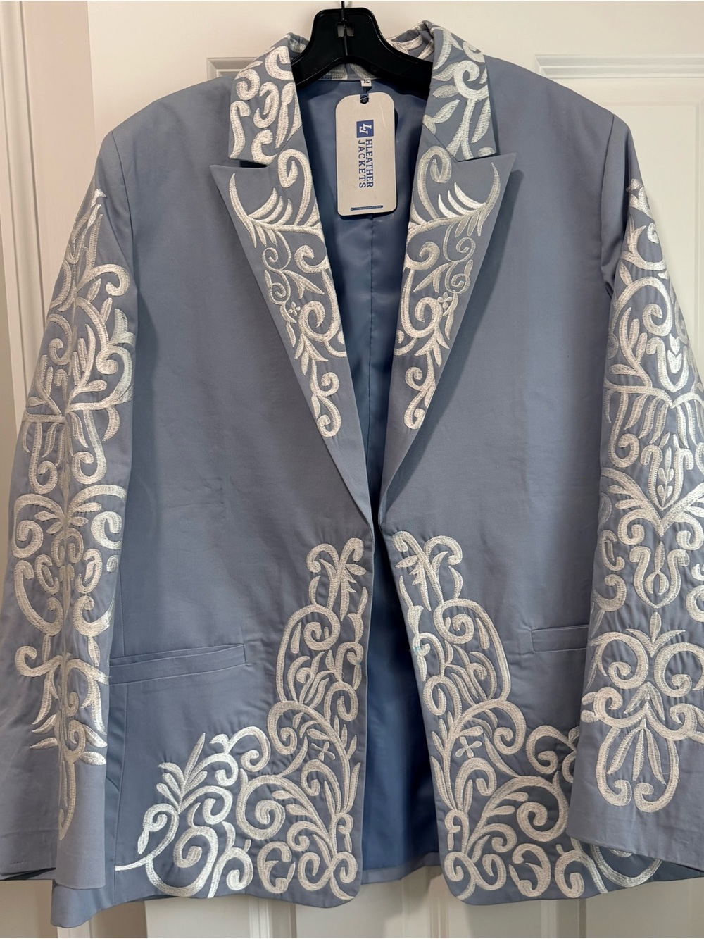 Embroidered Light Blue Single-Button Blazer by